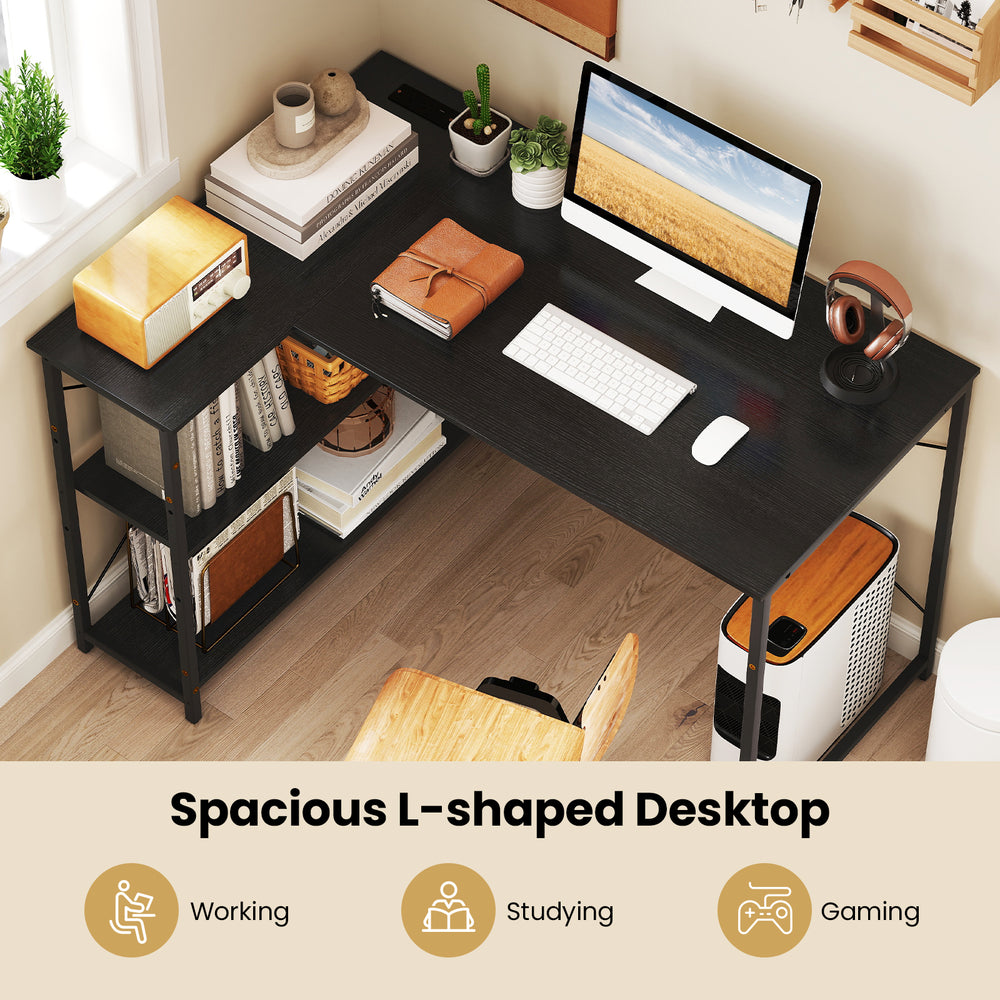 L-shaped 47-inch black desk with adjustable shelves, built-in charging station, perfect for working or gaming in.
