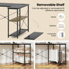 L-shaped 47-inch black corner desk with adjustable removable shelf for books, baskets, or a computer tower.