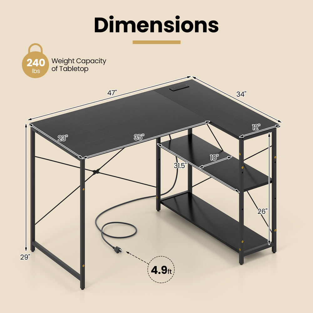 L-shaped 47-inch black corner desk with adjustable shelves, built-in charging station, and heavy-duty metal frame.