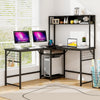 L-shaped black desk with hutch showcasing a sleek design, ample tabletop space, and three removable hooks for.