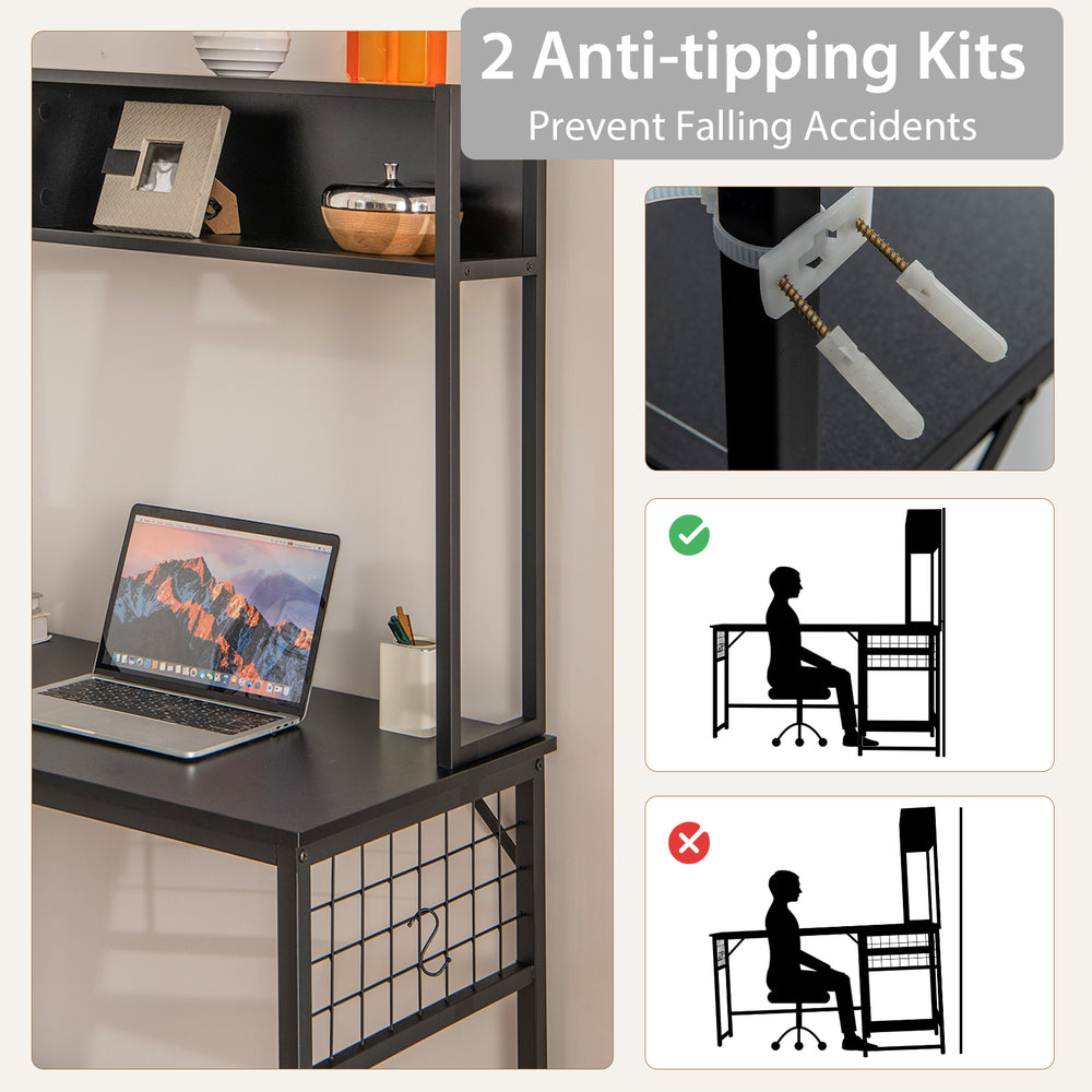 L-shaped desk with power outlet hutch in black, featuring anti-tipping kits and ample space for work or gaming.