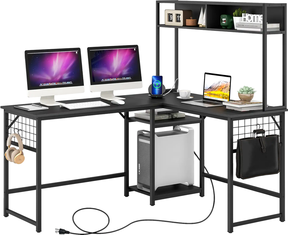 L-shaped black desk with a hutch, featuring a convenient charging station and three removable hooks for organization.