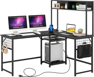 Costway L-Shaped Desk with Power Outlet Hutch 89472365 New