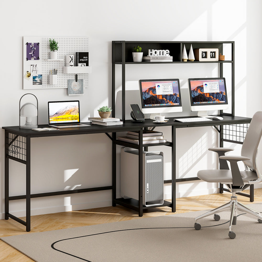 L-shaped black desk with hutch, featuring a spacious tabletop and adjustable foot pads for stability and scratch.