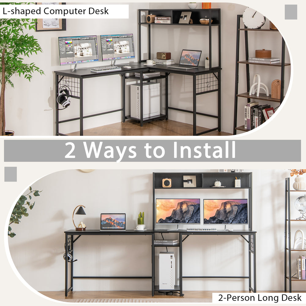 L-shaped desk with hutch in black, featuring a convertible design and ample space for working, writing, or gaming.