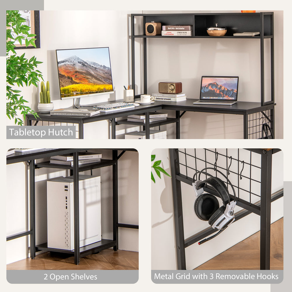 L-shaped desk with black metal hutch, featuring open shelves, removable hooks, and ample workspace for office use.