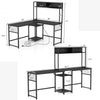 L-shaped black desk with power outlet hutch, featuring ample workspace and adjustable foot pads for stability.