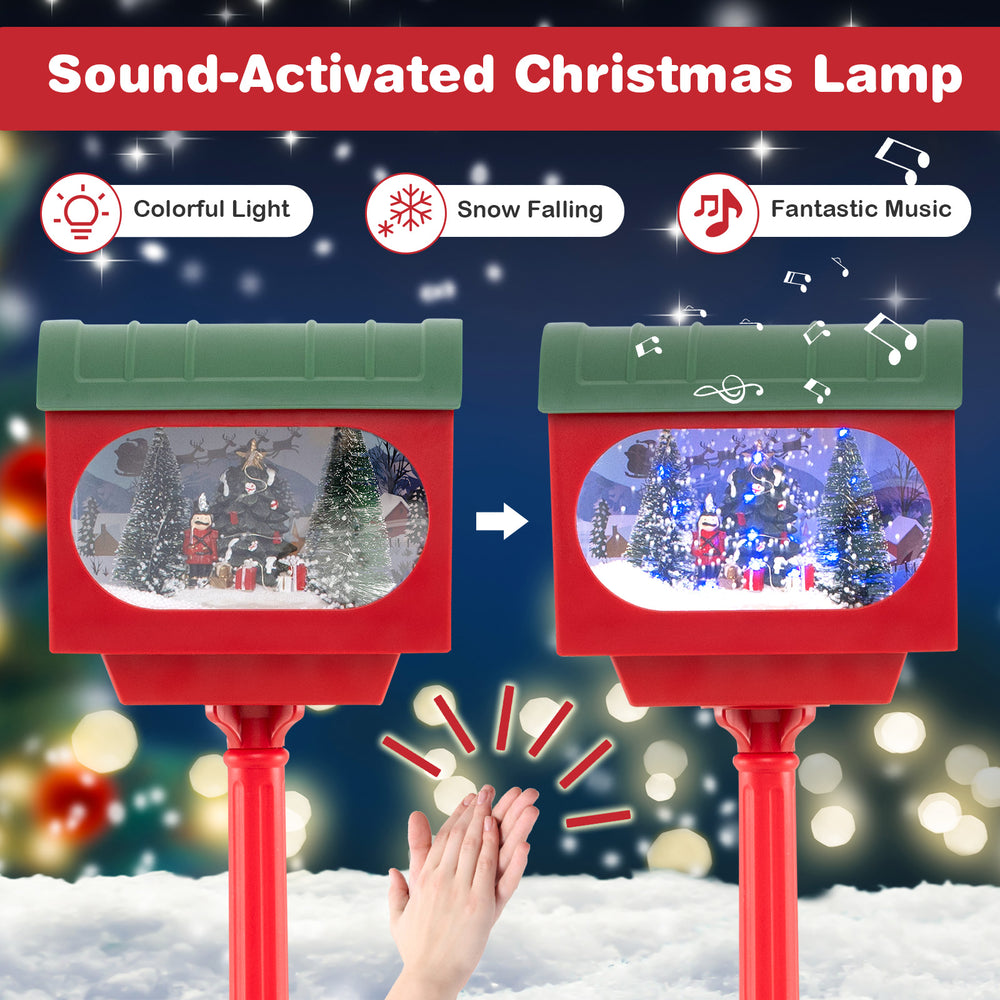 Sound-activated Christmas street lamp with colorful lights and falling snow, featuring a festive scene and music.
