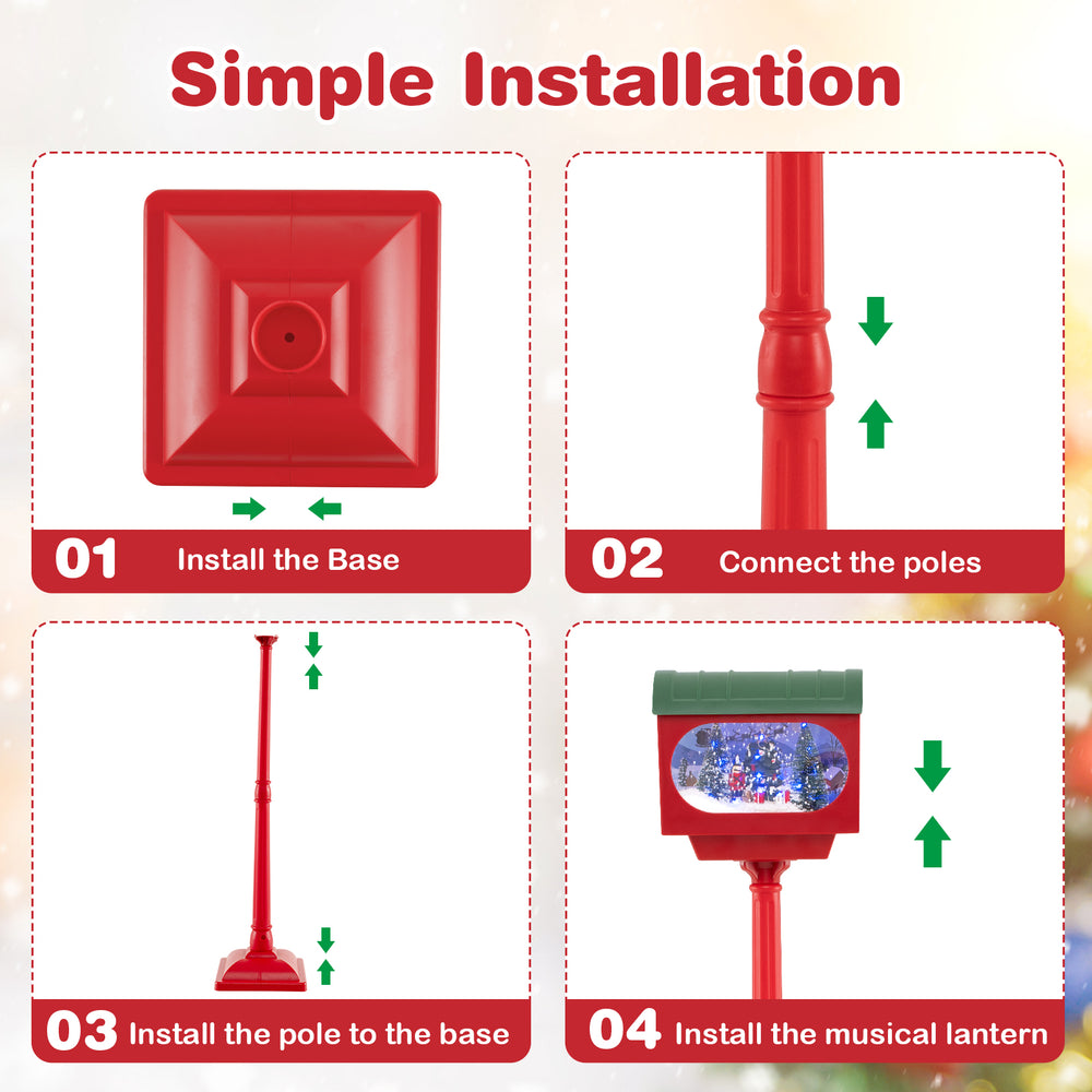 Step-by-step installation guide for the 59-inch red Christmas street lamp with sound-activated snow globe lantern.