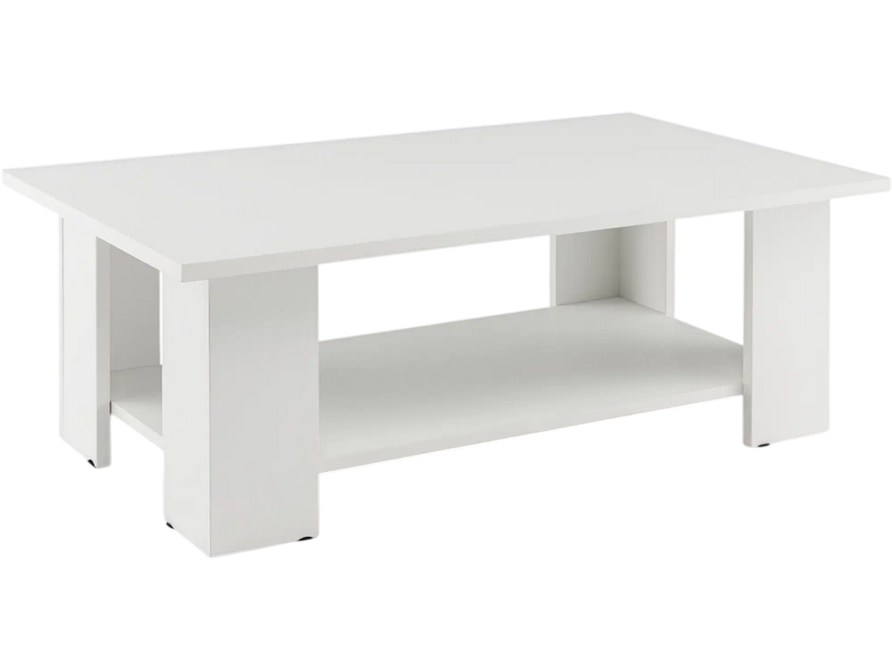 Large 36-inch white wooden coffee table with 2-tier storage shelf, perfect for living rooms and versatile settings.
