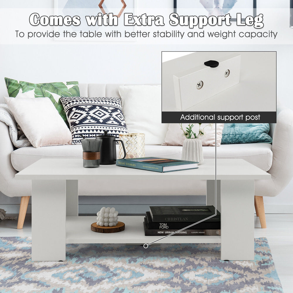 Large 36-inch white wooden coffee table with extra support leg for stability and open storage shelf, ideal for modern.