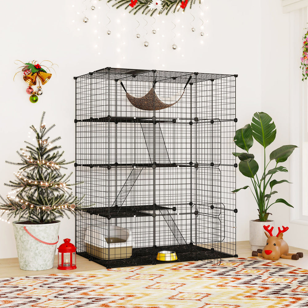 Large 4-tier cat cage in black includes a soft hammock and spacious platforms for 1-4 cats to enjoy and rest.