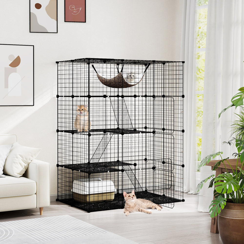 Large black 4-tier cat cage with skylight and hammock, designed for 1-4 cats to climb, play, and relax comfortably.