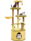 Large multi-level avocado cat tree in green with soft platforms, scratching posts, and playful pompoms for interactive.