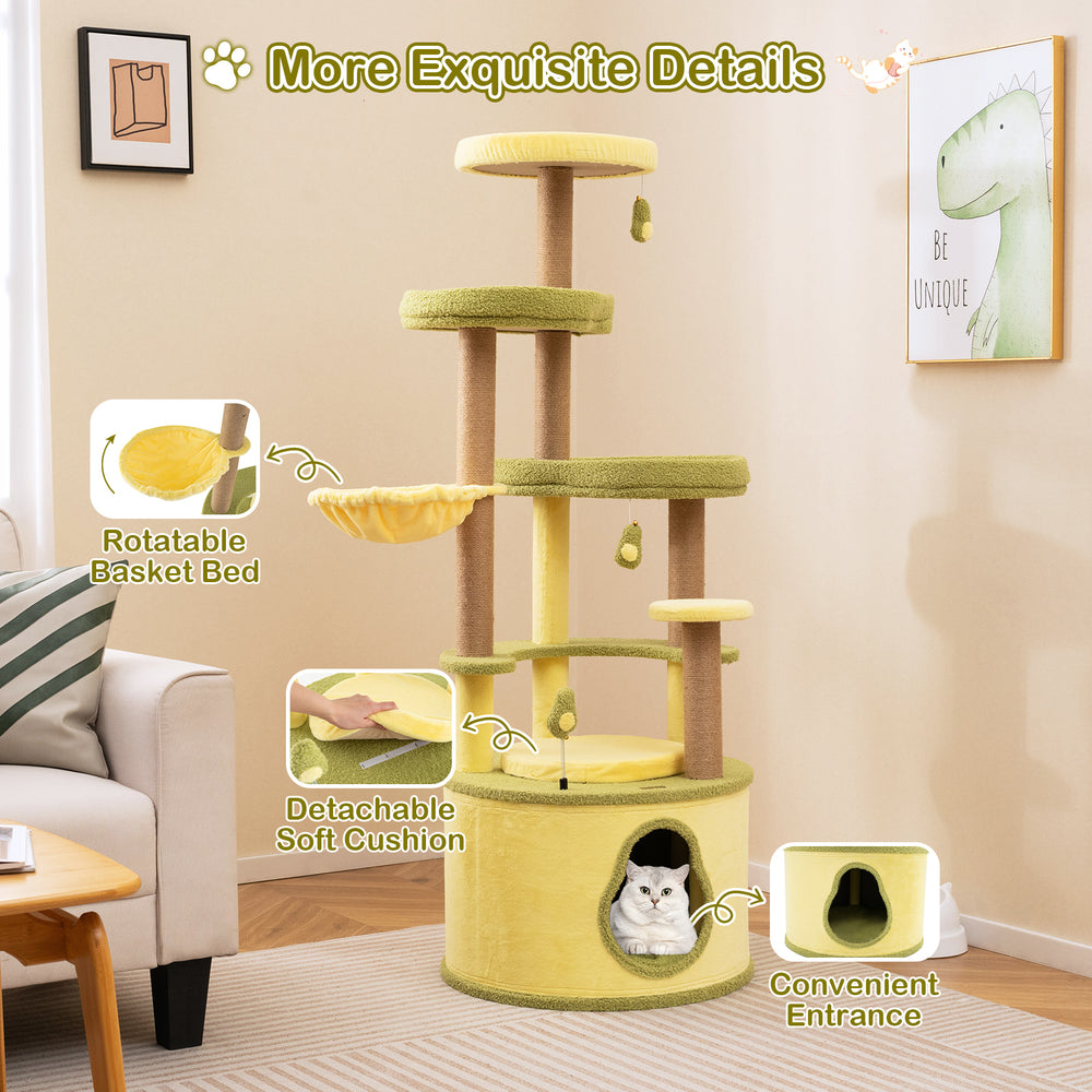 Large avocado cat tree with rotatable basket, soft cushion, and scratching posts for interactive play and lounging.