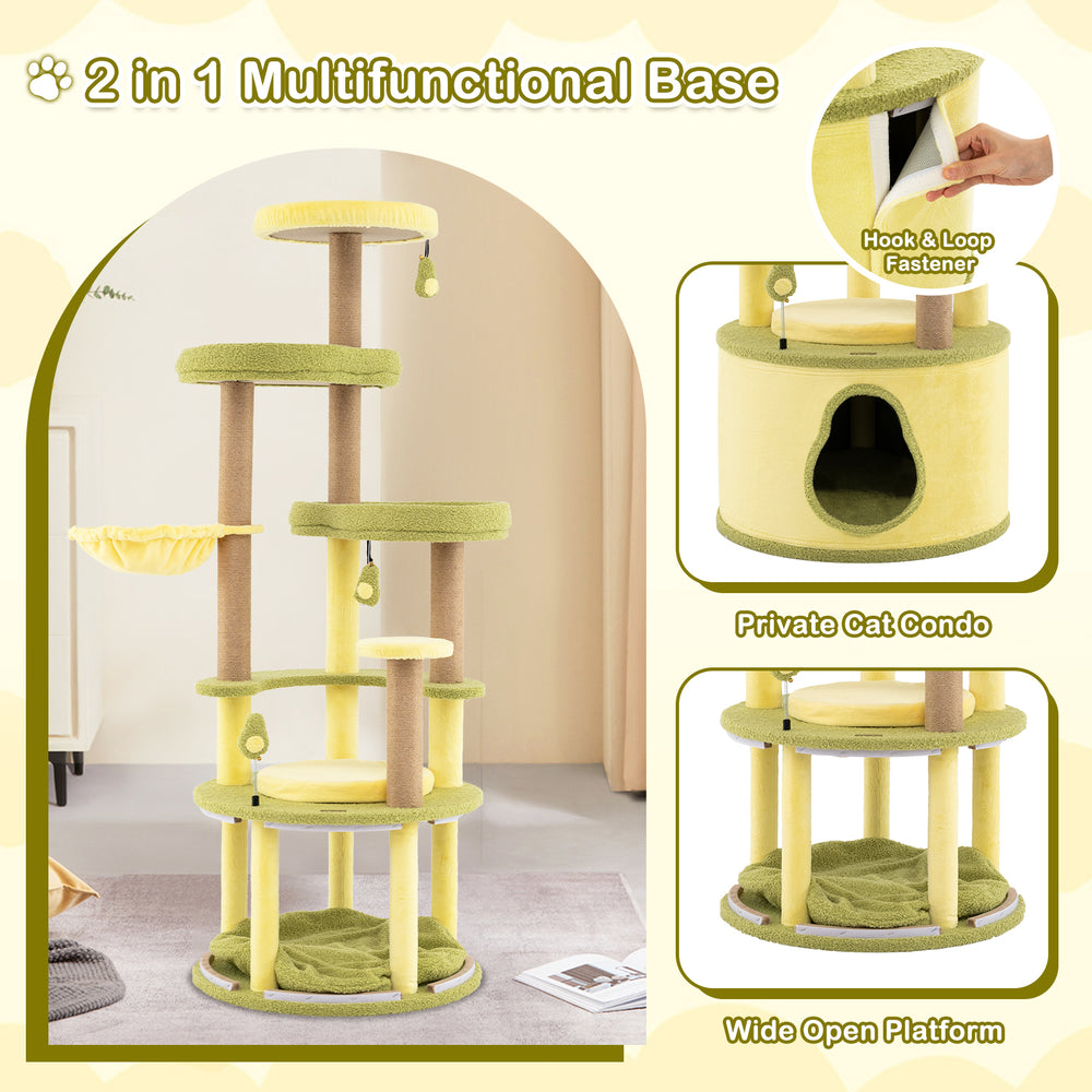 Large avocado cat tree featuring multi-level platforms, private condo, and premium jute scratching posts for playful.