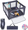 Large dark grey baby playpen with kids playing inside, featuring a zipper gate and pull-up rings for safety and.