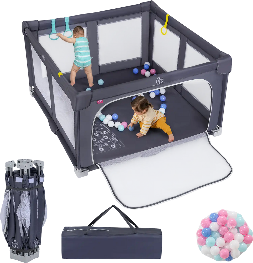 Large dark grey baby playpen with kids playing inside, featuring a zipper gate and pull-up rings for safety and.