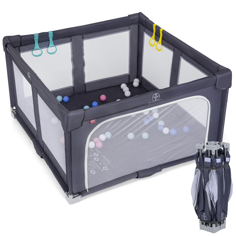 Large dark grey baby playpen with zipper gate and pull-up rings, includes 50 ocean balls for sensory development.
