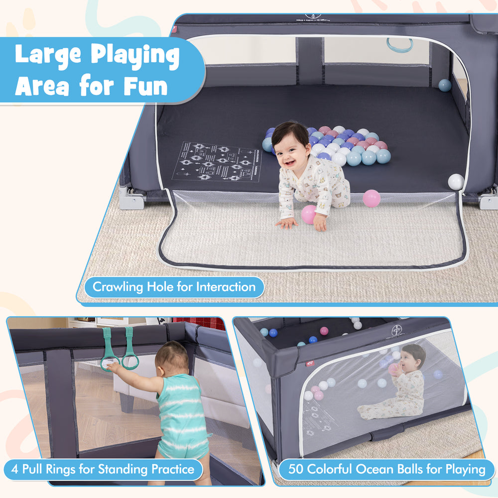 Large baby playpen in dark grey with pull rings and colorful ocean balls for safe crawling and playtime fun.