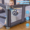 Large dark grey baby playpen with corner protection, sturdy metal frame, and detachable foam pads for safe play.