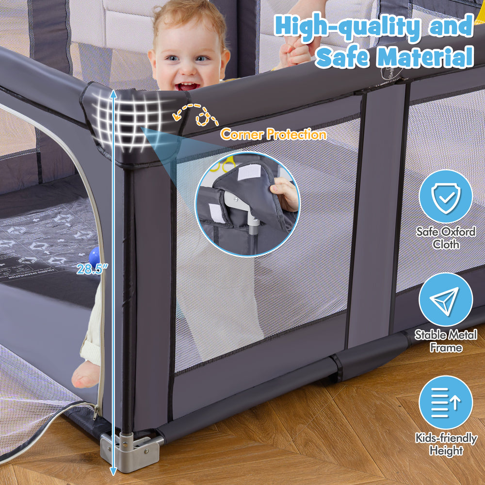 Large dark grey baby playpen with corner protection, sturdy metal frame, and detachable foam pads for safe play.