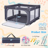 Large dark grey baby playpen with zipper gate, pull rings, and 50 ocean balls for safe play and development.