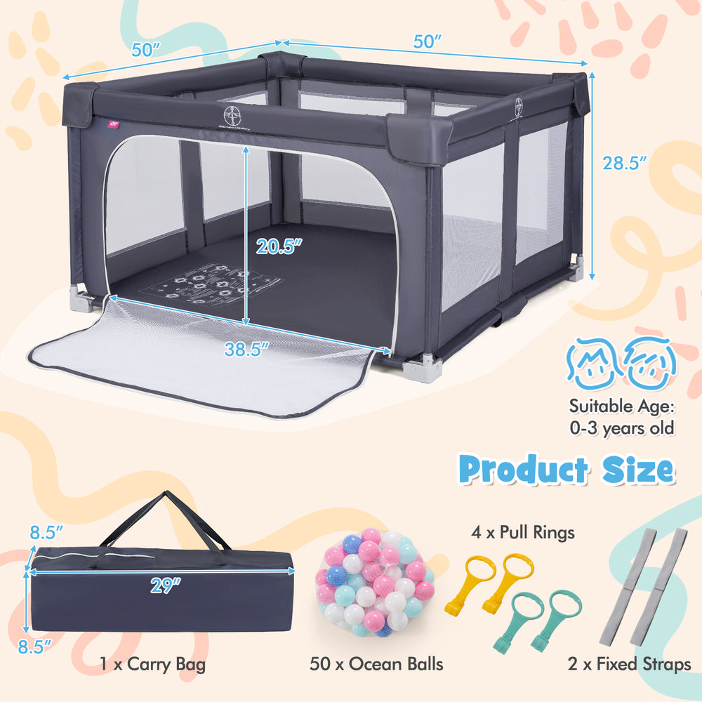 Large dark grey baby playpen with zipper gate, pull rings, and 50 ocean balls for safe play and development.
