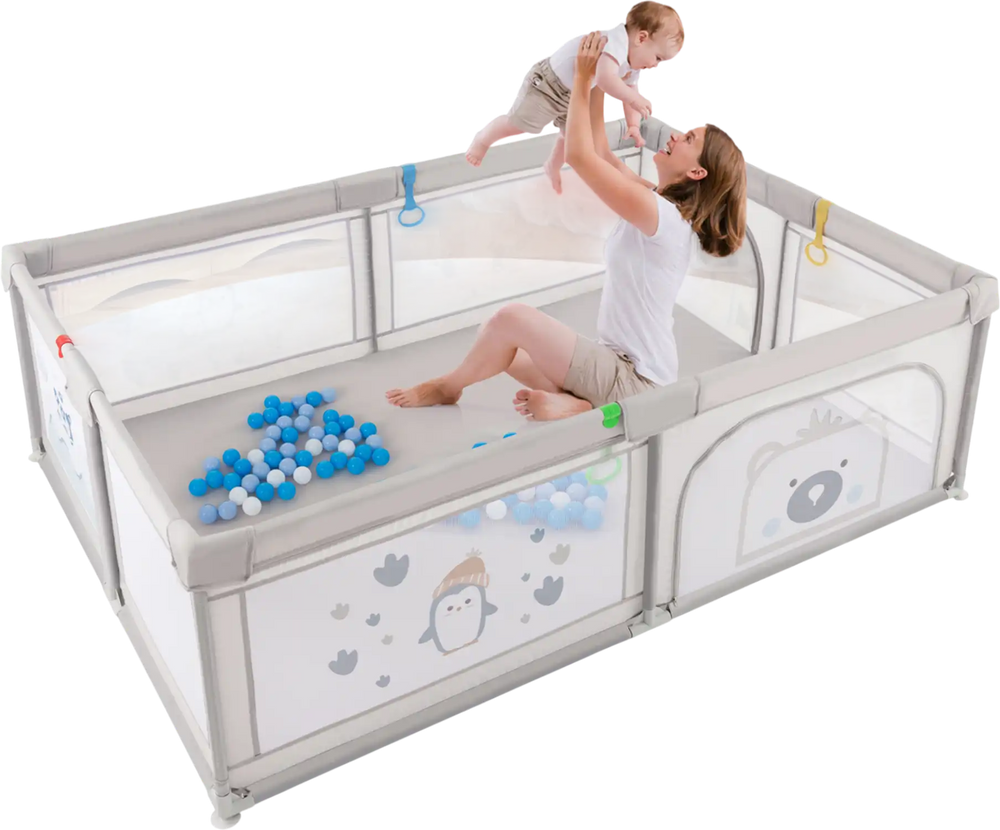 Large baby playpen with pull rings and colorful ocean balls, featuring breathable mesh for safety and fun playtime.