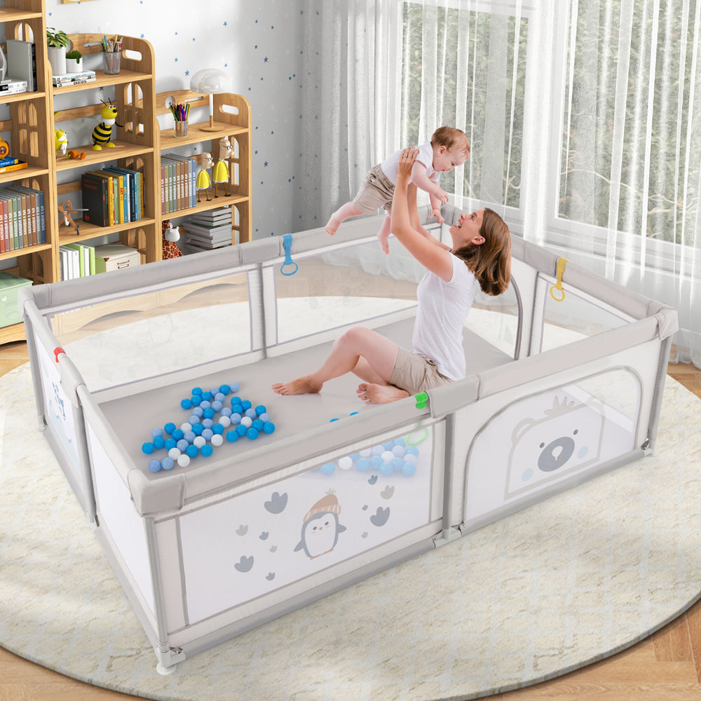 Large Baby Playpen with Pull Rings Ocean Balls and Cute Pattern-Penguin - Gallery View 1 of 10
