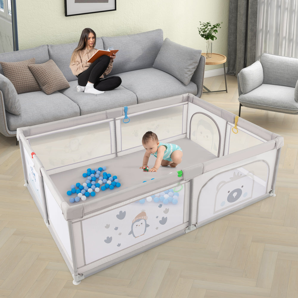 Large baby playpen with breathable mesh, pull rings, and colorful ocean balls for safe play and exercise.