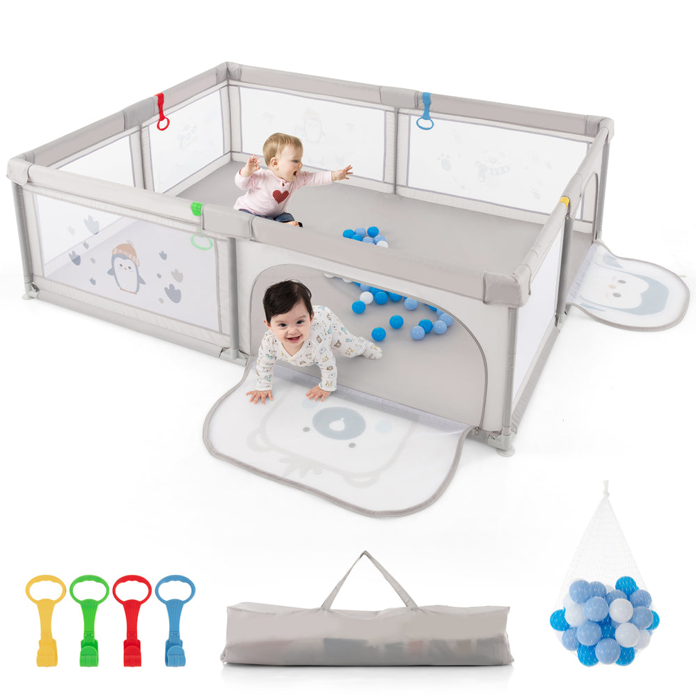 Large baby playpen with safety doors and soft sponge protection, featuring a cute penguin pattern and colorful ocean.