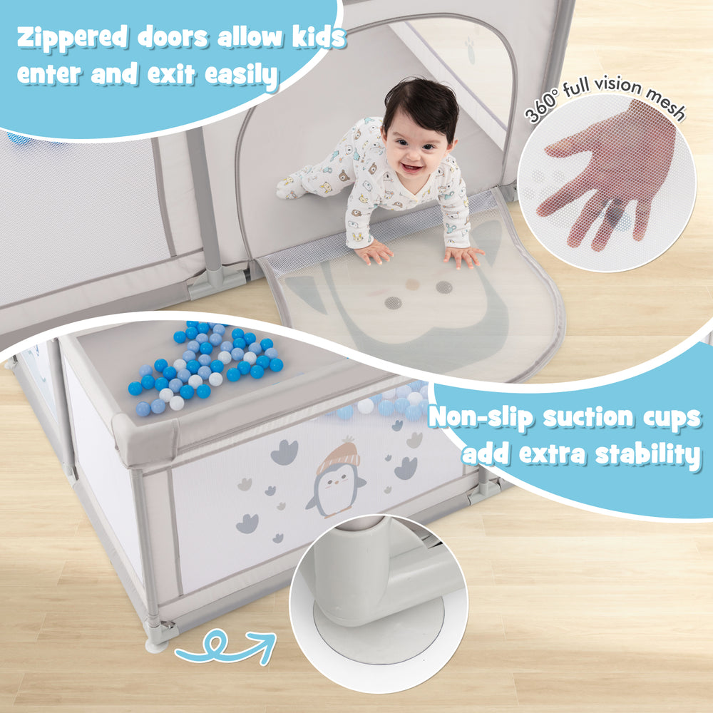 Large baby playpen with 360° breathable mesh, zippered doors, and anti-slip suction cups for added stability and safety.