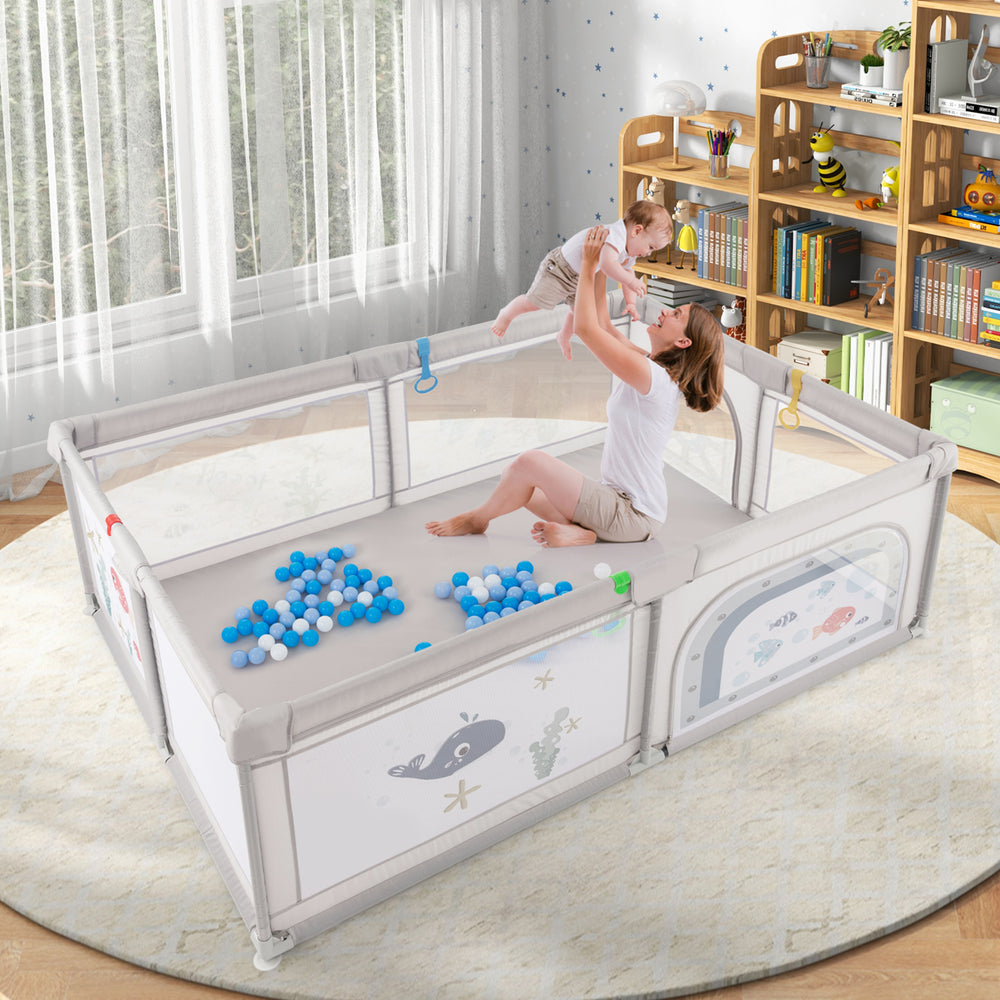Large Baby Playpen with Pull Rings Ocean Balls and Cute Pattern-Whale - Gallery View 1 of 10