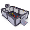 Large dark gray baby playpen with mat, ocean balls, pull rings, and basketball hoop for safe play and fun activities.