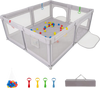 Large gray baby playpen with pull rings, 50 ocean balls, and mesh walls for safe, active play and motor skill.