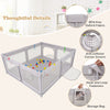 Large gray baby playpen with pull rings and ocean balls, featuring anti-collision corners and a waterproof play mat.