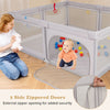 Large baby playpen in gray with 2 side zippered doors, pull rings, and colorful ocean balls for safe play.