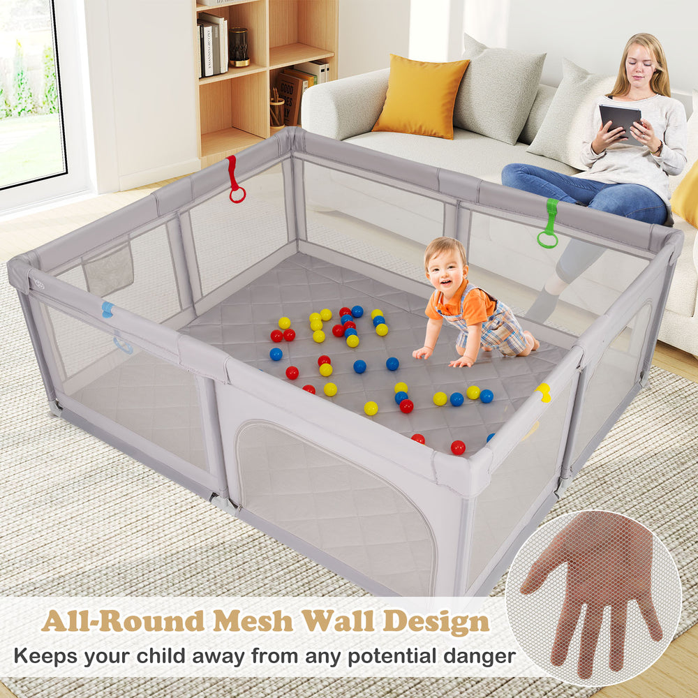 Large gray baby playpen with all-round mesh walls, pull rings, and colorful ocean balls for safe play and development.
