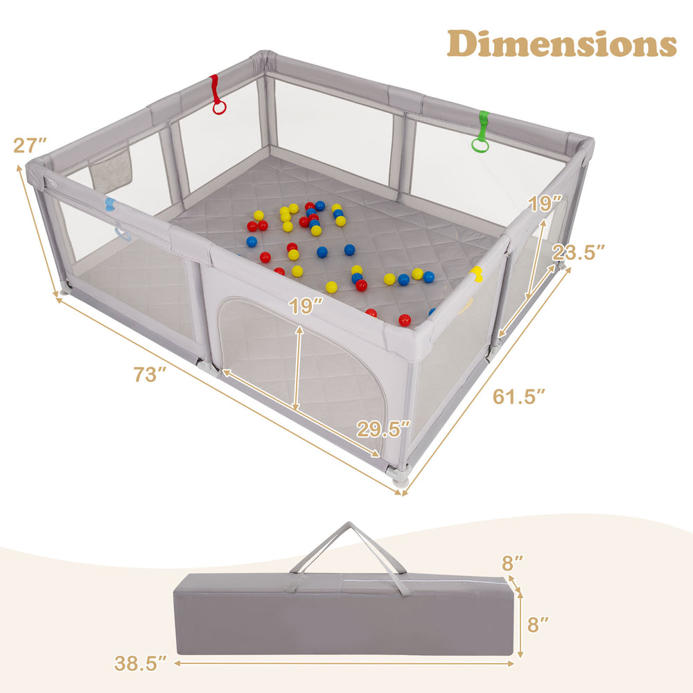 Large gray baby playpen with pull rings and ocean balls, featuring a sturdy design and portable storage bag for easy.