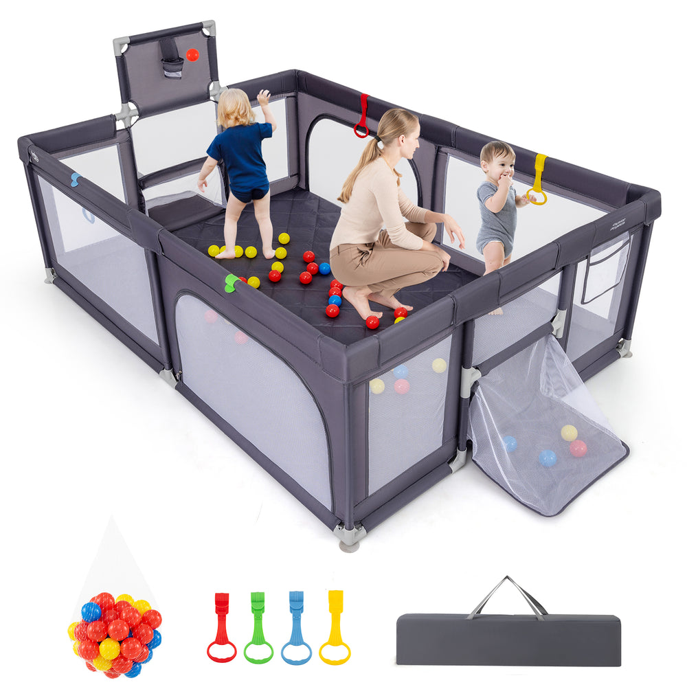 Large dark gray baby playpen with mat, ocean balls, and pull rings for safe play and learning for multiple children.