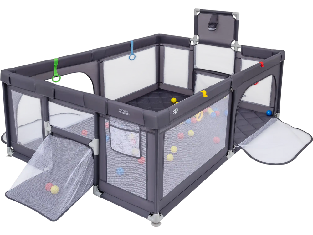 Large dark gray baby playpen with mat, ocean balls, and pull rings, perfect for safe playtime for multiple kids.