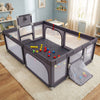 Large dark gray baby playpen with comfortable mat, zippered doors, and mesh walls, ideal for safe play with multiple.