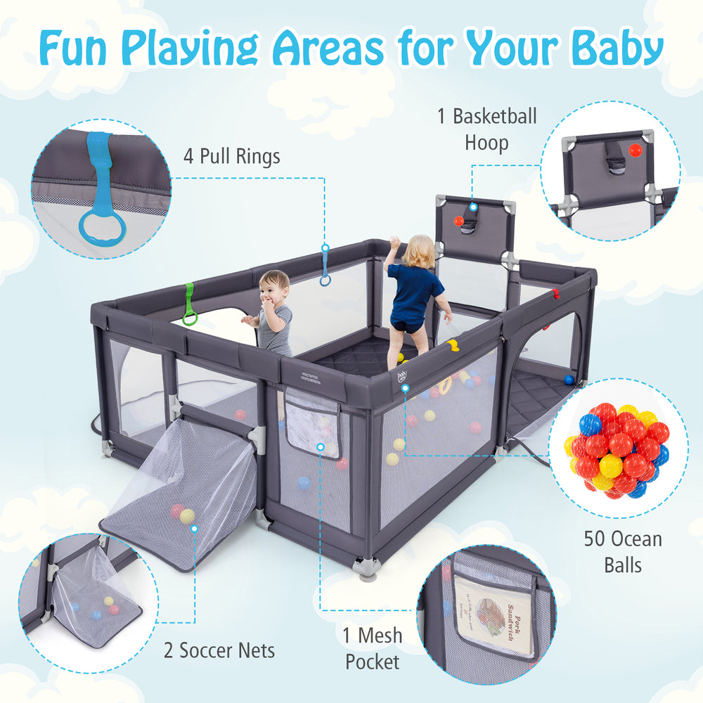 Large dark gray baby playpen with 50 ocean balls, pull rings, and a basketball hoop for safe, fun playtime.