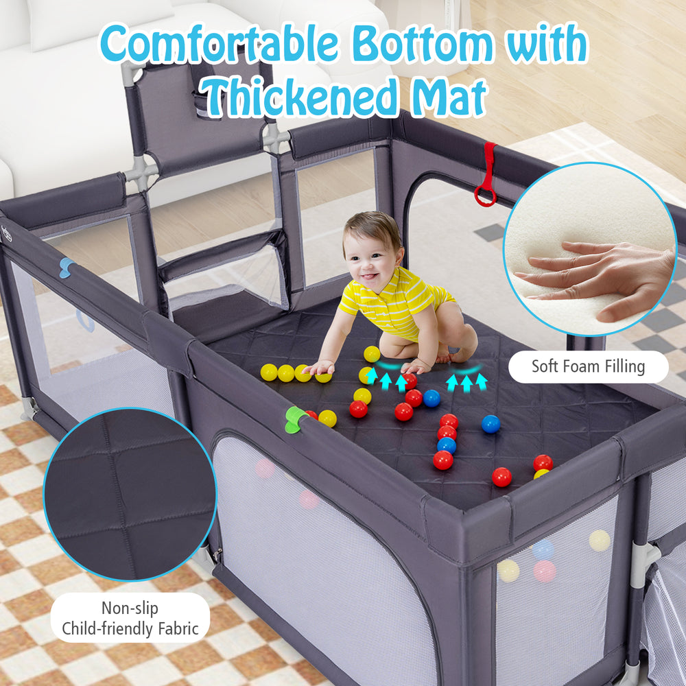 Large dark gray baby playpen with thickened mat, featuring soft foam filling and non-slip fabric for safe play.