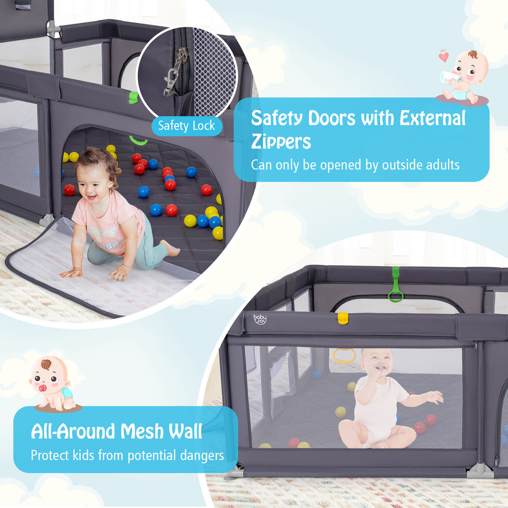Large dark gray baby playpen with mesh walls, zippered doors, and 50 ocean balls for safe, fun playtime.