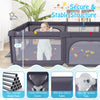 Large dark gray baby playpen with mat and ocean balls, featuring secure structure and non-slip suction cups for safety.