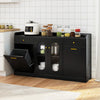 Large black buffet cabinet with two glass doors and hidden tilt-out trash can, perfect for kitchen storage.