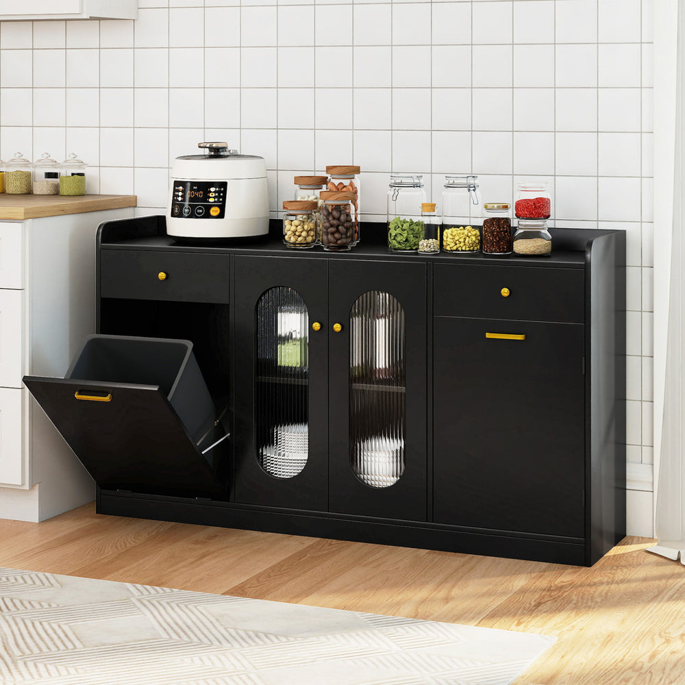 Large Buffet Cabinet Hidden Tilt Out Trash Can Cabinet with 2 Glass Doors-Black - Gallery View 1 of 10