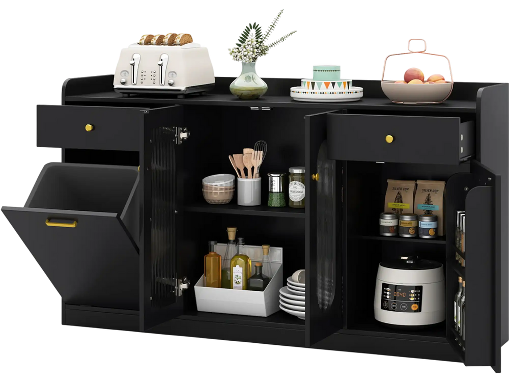 Large black buffet cabinet featuring hidden tilt-out trash can and two glass doors, ideal for kitchen organization.